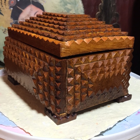 Vintage Folk Art Other - Tramp Art Prison Art Handmade Wood Keepsakes Box Signed Dated 1968 F Otto Lilja
